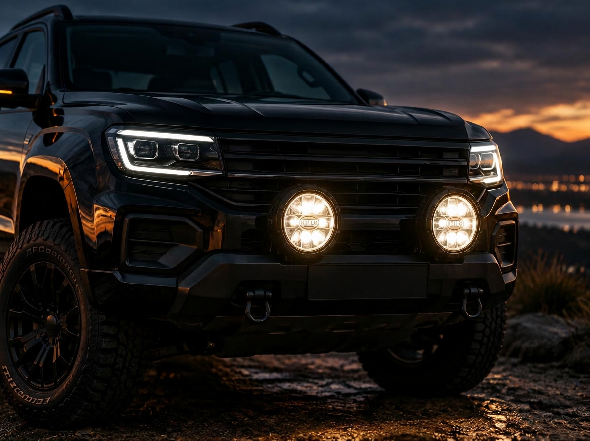 Svart VW Amarok med extraljus monterade i fronten som lyser i skymningen
