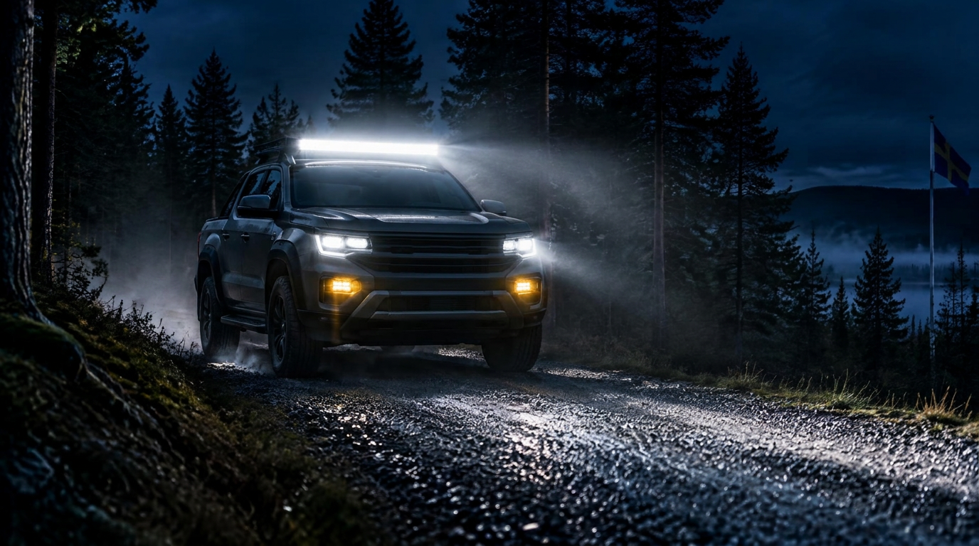 VW Amarok Panamericana på mörk skogsväg med tänd LED-ramp på taket